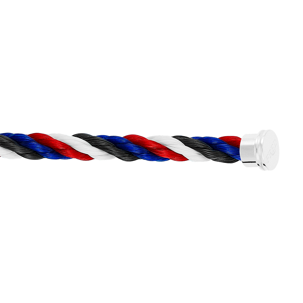 Blue, white, red and black Emblem cable