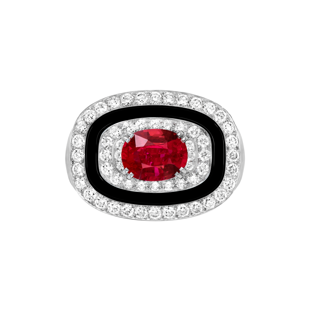 1936 ring 18k white gold, ruby, paved with onyx & diamonds
